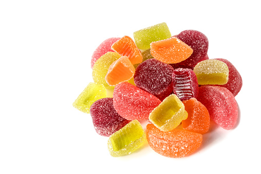 Close up flat lay of some fruit shaped candy