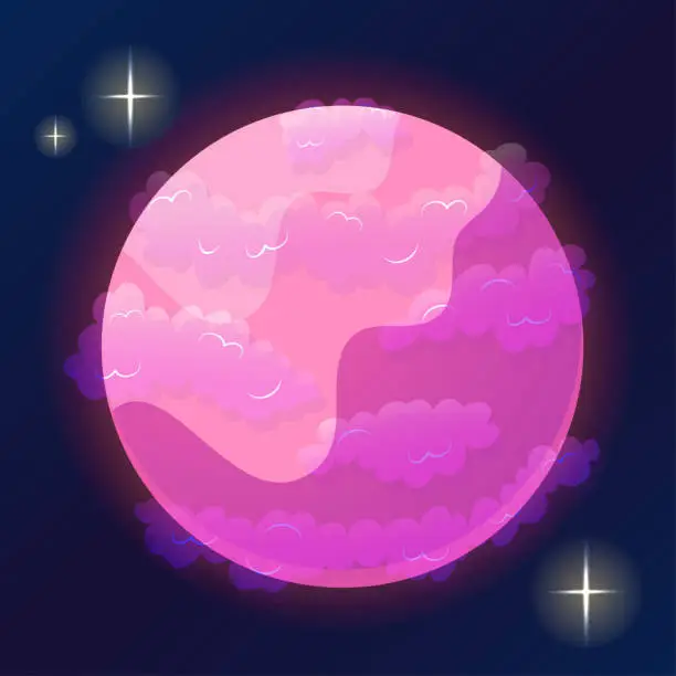 Vector illustration of Fantasy planet cartoon with cloud. Pink magic round planet with cloud. Cartoon vector illustration. Ui design.