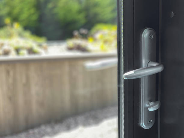 istock Door handle on glass door 1394342277