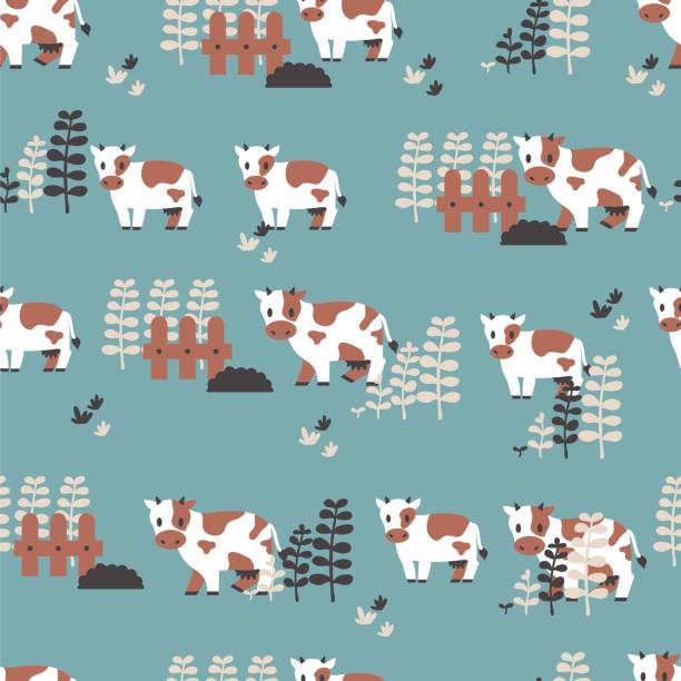 Cattle and Organic Farm Vector Graphic Seamless Pattern Cattle and Organic Farm Vector Graphic Seamless Pattern can be use for background and apparel design herd of cows stock illustrations
