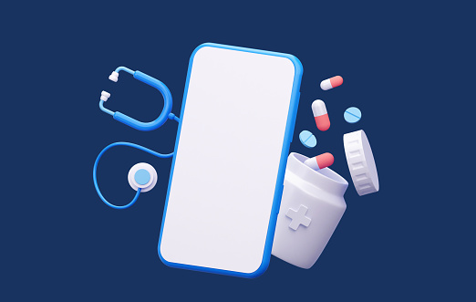 Sale of medicines or online consultation with a doctor by phone. A mobile phone with a white empty space with a stethoscope and medications. 3d rendering.