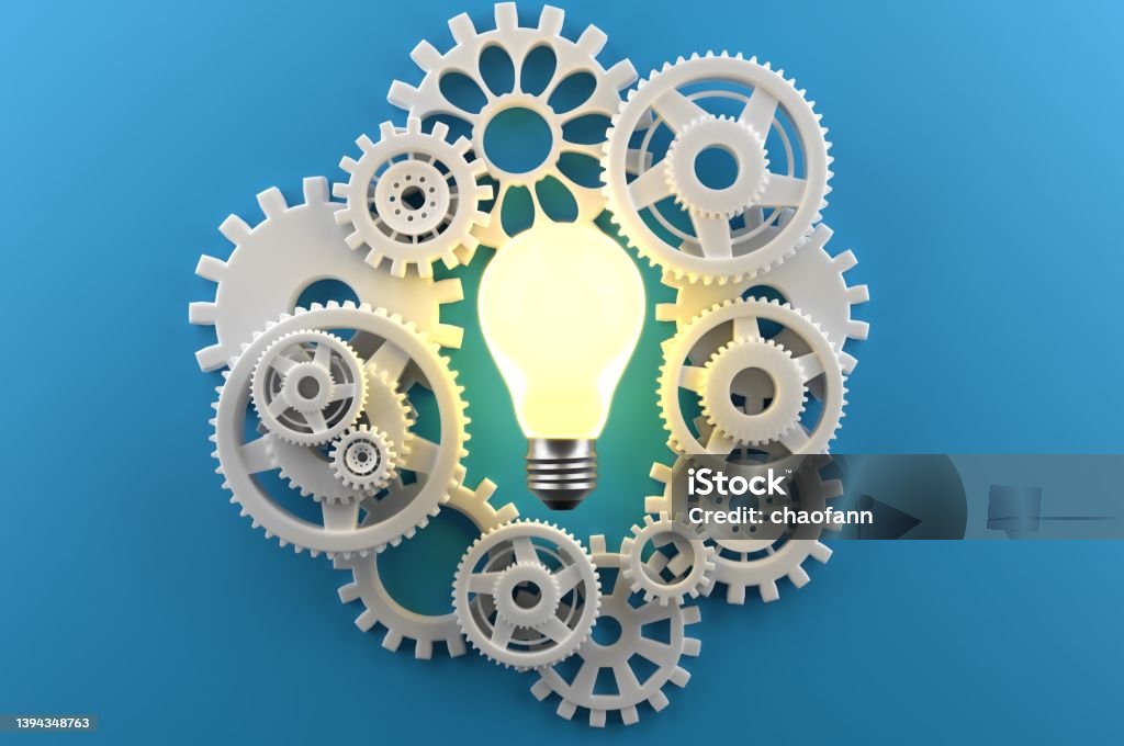 Organization Process Cogs and Bulb abstract Learning Stock Photo