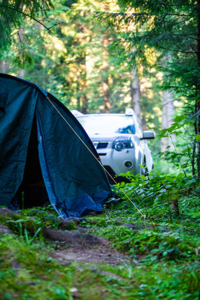 istock tent with suv car in forest 1394350942