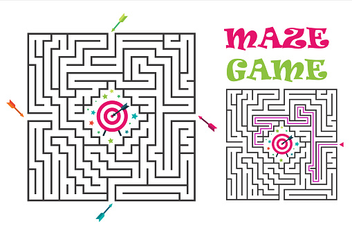 Square maze labyrinth game for kids. Labyrinth logic conundrum with target and arrows. 4 entrance and one right way to go. Vector flat illustration isolated on white background.