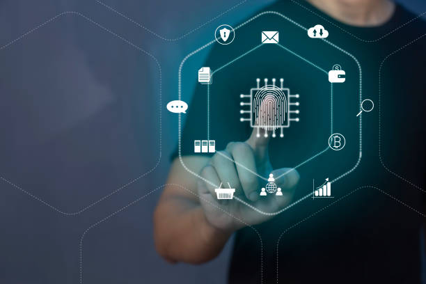 istock Person touching virtual screen to scan fingerprints, digital transformation management concept. Internet of Things, Big Data and Business Processes, Automation, Storage Systems, Cloud Computing 1394353715