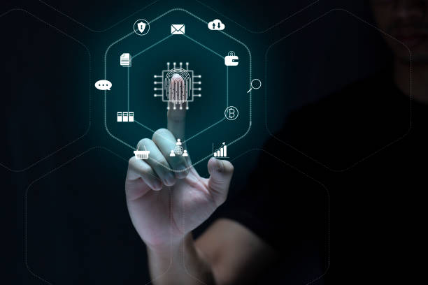 istock Person touching virtual screen to scan fingerprints, digital transformation management concept. Internet of Things, Big Data and Business Processes, Automation, Storage Systems, Cloud Computing 1394353717