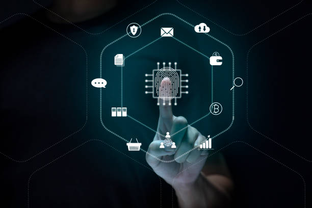 istock Person touching virtual screen to scan fingerprints, digital transformation management concept. Internet of Things, Big Data and Business Processes, Automation, Storage Systems, Cloud Computing 1394353718
