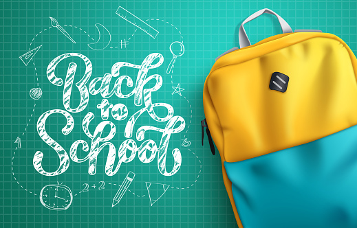 Back to school vector design. Back to school typography text in chalkboard  background with backpack bag educational element  for education learning messages. Vector illustration.