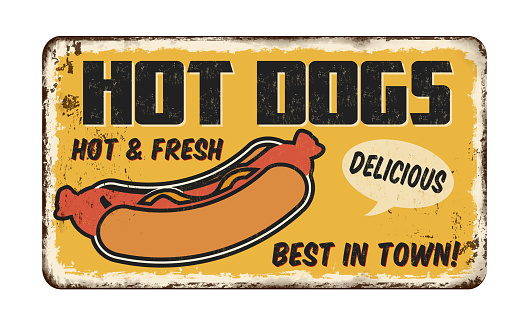 Hot Dogs vintage rusty metal sign on a white background, vector illustration