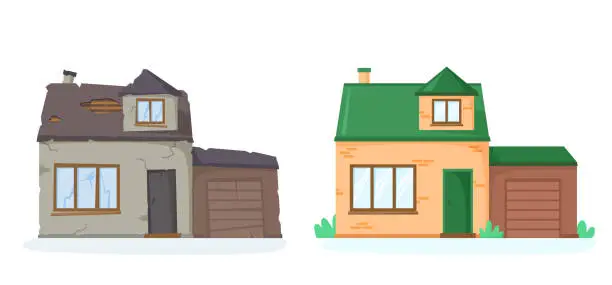 Vector illustration of House before and after repair. Old and new suburban cottage. Run-down and renovated home. Remodelled brick house with garage. Nice detached house. Vector