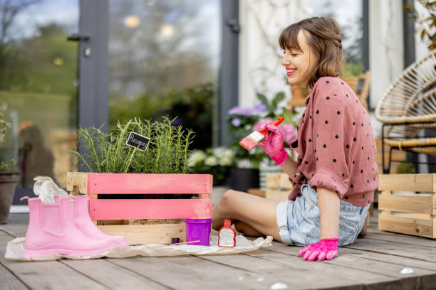 woman painting wooden box, doing some renovating housework outdoors - bricolage imagens e fotografias de stock