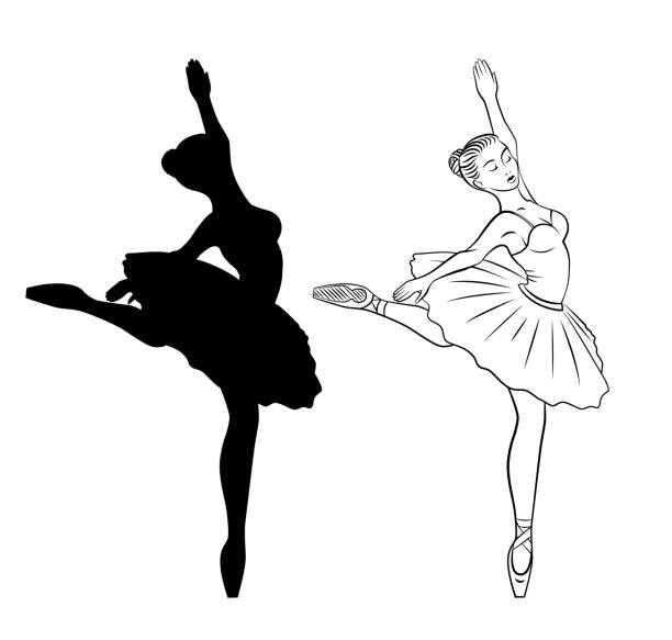バレリーナ。チュチュのスカートを履いた女の子がバレエを踊る。黒い輪郭とシルエット。 - white background ballet dancer dancer dancing点のイラスト素材／クリップアート素材／マンガ素材／アイコン素材