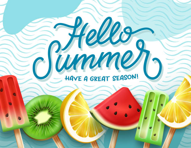 Hello summer vector background design. Hello summer greeting text with fruits and popsicles element in waves pattern and abstract for great tropical holiday season. Hello summer vector background design. Hello summer greeting text with fruits and popsicles element in waves pattern and abstract for great tropical holiday season. Vector illustration. flavored ice stock illustrations