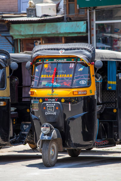 インド、スリーナガル、ジャンムー、カシミール州の道路上の自動人力車タクシー - mountain himalayas india cabin ストックフォトと画像