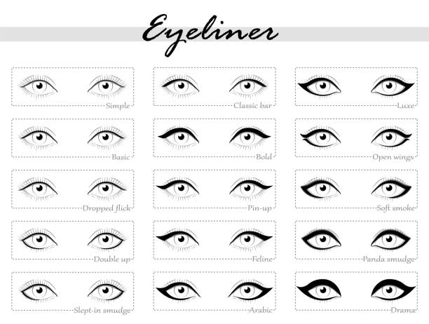 Eye makeup. Types of eyeliner. Fifteen options. Black and white drawing. Eye makeup. Types of eyeliner. Fifteen options. Black and white drawing. eyeliner stock illustrations