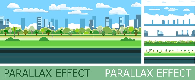 Good asphalt road with parallax effect. Park city area. Side view. Quality modern empty highway. Suburban intercity pathway. Background illustration. Vector.