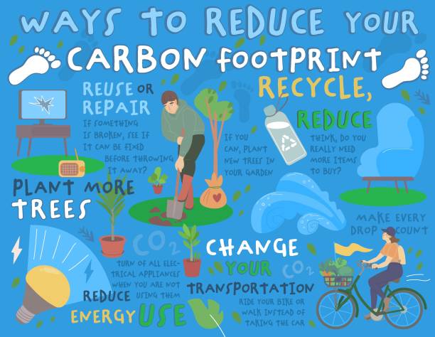 ilustrações, clipart, desenhos animados e ícones de maneiras de reduzir sua pegada de carbono. pôster vetorial do labdscape - footprint carbon environment global warming