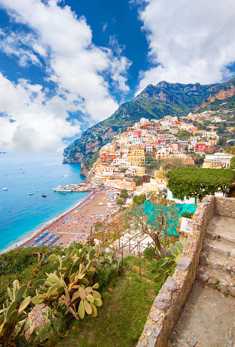 The touristic sea town in southern Italy, province of Salerno in Amalfi Coast, with colorated historical center and very famous 'Sentiero degli Dei' trekking path. Here in particular with the cityscape view