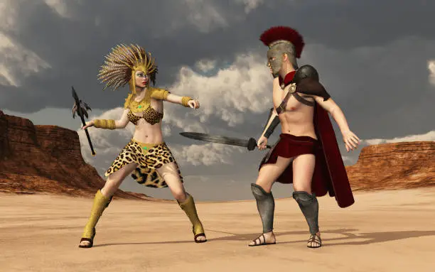 Computer generated 3D illustration with Achilles and Penthesilea