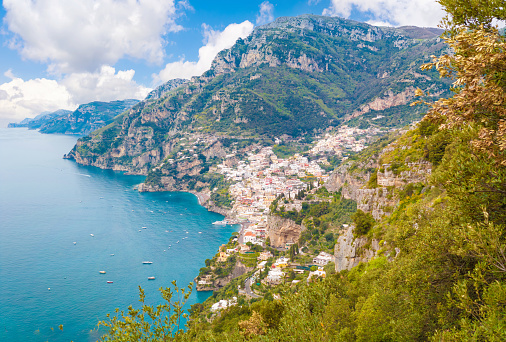 The touristic sea town in southern Italy, province of Salerno in Amalfi Coast, with colorated historical center and very famous 'Sentiero degli Dei' trekking path. Here in particular with the cityscape view
