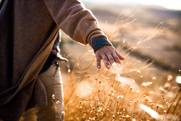 istock Unrecognizable mature woman walking through tall grass in nature. 1394366557