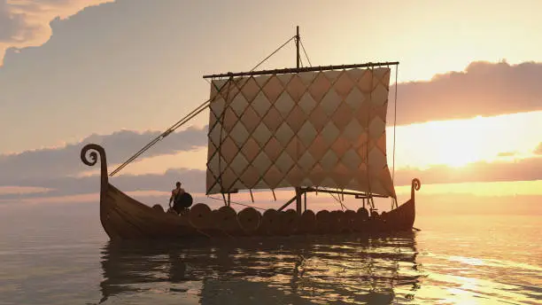 Computer generated 3D illustration with a Viking ships at sunset