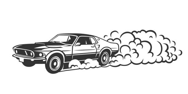 rauchiges rad. illustration eines drift-sportwagens. - vintage toning stock-grafiken, -clipart, -cartoons und -symbole