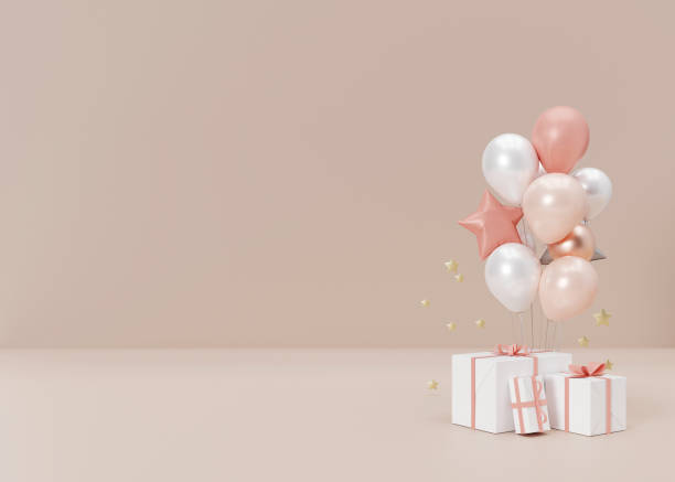 istock Balloons and presents on cream background. Free, copy space for text or other design objects. Template for birthday, celebration, event card. Mothers Day, Womens Day. 3d rendering. 1394368793