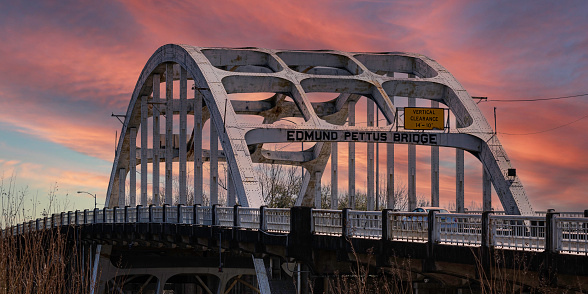 Selma, Alabama, USA-March 1, 2022: Panorama of historic Edmund Pettus Bridge in Selma, the sight of the Bloody Sunday beatings during the Civil Rights Movement.