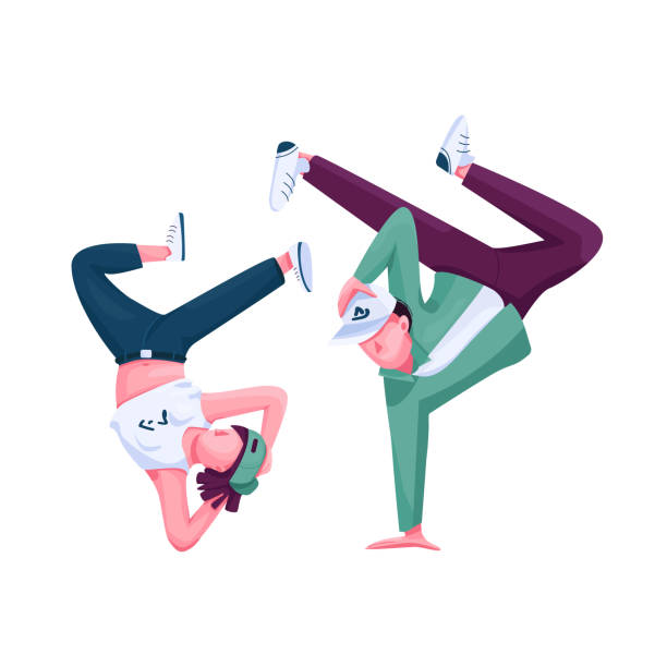 브레이크댄스 대회에 참가하는 커플 세미 플랫 컬러 벡터 캐릭터 - dancing breakdancing street city life stock illustrations