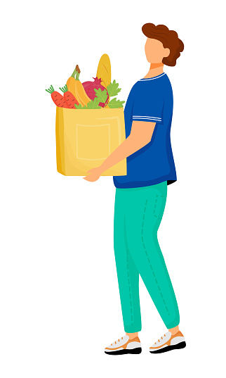 Man with full bag of fruits and vegetables semi flat color vector character