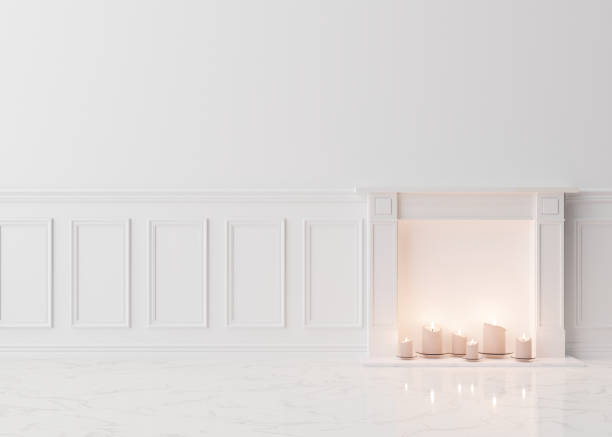 istock Empty room, white wall with moldings and marble floor. Only wall, floor and decorative fireplace. Mock up interior. Free, copy space for your furniture, picture and other objects. 3D rendering. 1394371150