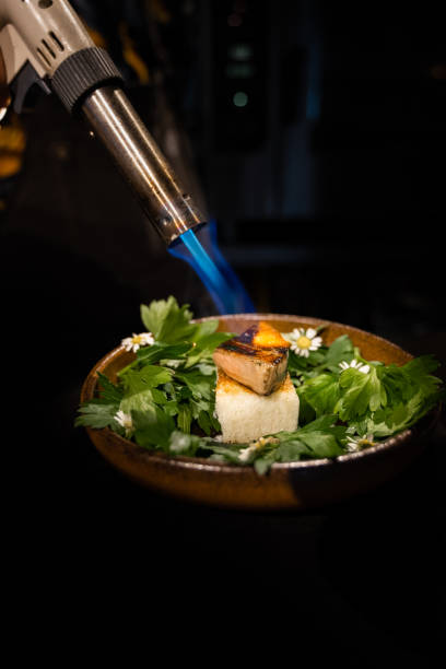 torching the goose liver in a plate stock photo