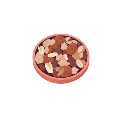 Nuts mix in bowl. Dry healthy snack in plate, dish. Crunchy vegan food, pistachio, almond, hazelnut, brazil, nutmeg, pecan fruits. Superfood. Flat vector illustration isolated on white background.