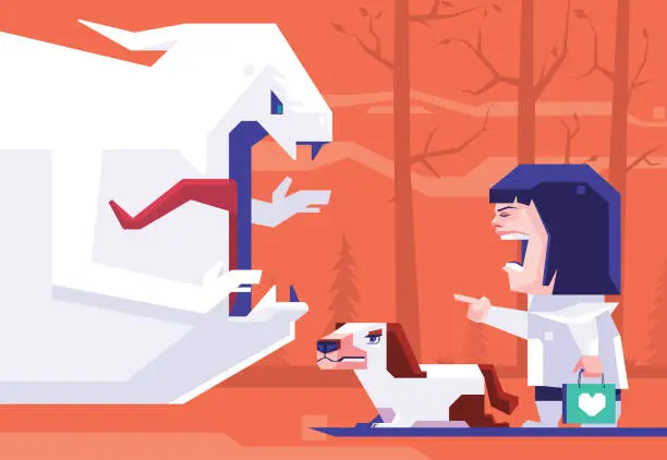 Vector illustration of angry little girl with dog blaming ghost