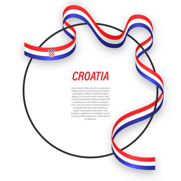 Vector illustration of Waving ribbon flag of Croatia on circle frame. Template for independence day poster