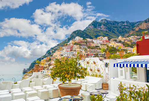 Positano, Italy - 16 April 2022 - The touristic sea town in southern Italy, province of Salerno in Amalfi Coast, with colorated historical center and very famous 'Sentiero degli Dei' trekking path. Here in particular a cityscape of Positano