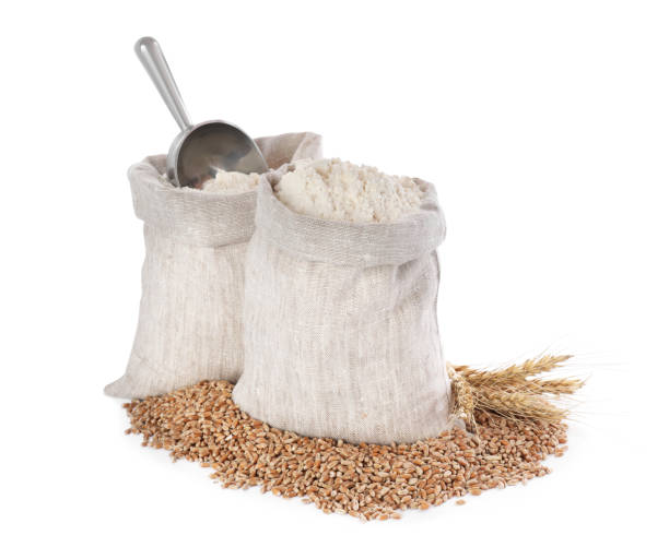 istock Sack with flour, wheat grains and spikes on white background 1394374713