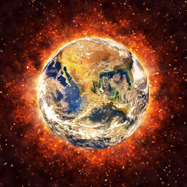 istock Our burning Earth: satellite view of the world surrounded by fire, flame and explosions, representing global warming or war 1394375749