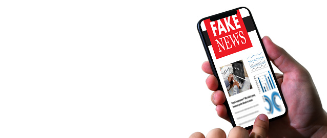 Close up of man reading fake news on smartphone screen application media technology  on website  Fake Newspaper