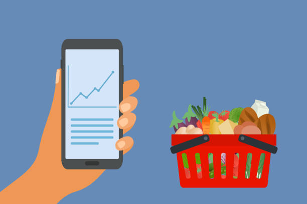 stockillustraties, clipart, cartoons en iconen met rising food prices concept with graphs on mobile phone screen and shopping basket - rigging