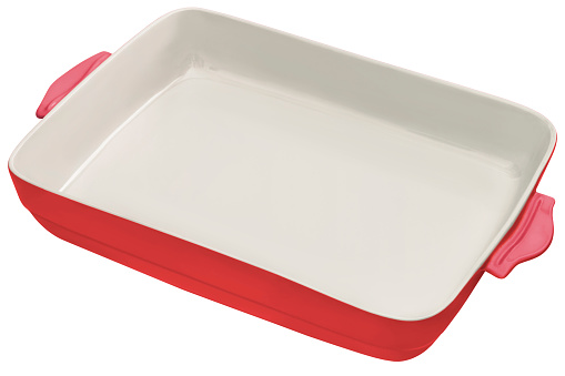 Empty, new, rectangular Scarlet Red Ceramic Baking Pan, with handles.