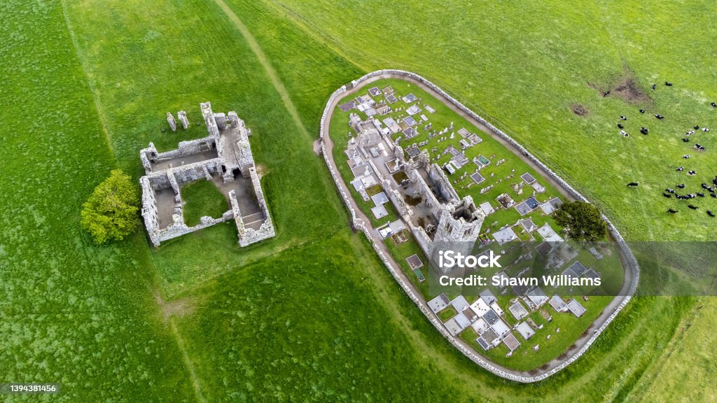 Aerail of Slane Abbey Ruins 3 Aerial view of the ruins of Slane Abbey in County Meath Ireland. Aerial View Stock Photo