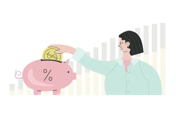 Vector illustration of Woman saving money, putting money, getting profit, passive income. Finance planning, retirement fund, budget concept. Cartoon style vector illsutration