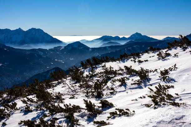 hochobir - vue panoramique en hiver sur les chaînes de montagnes des karawanks en carinthie, alpes autrichiennes. chute de neige - apres ski winter hiking ski photos et images de collection