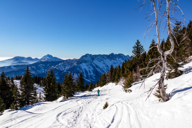 hochobir - femme sur un sentier de randonnée enneigé avec vue panoramique sur les karawanks en carinthie, alpes autrichiennes - apres ski winter hiking ski photos et images de collection