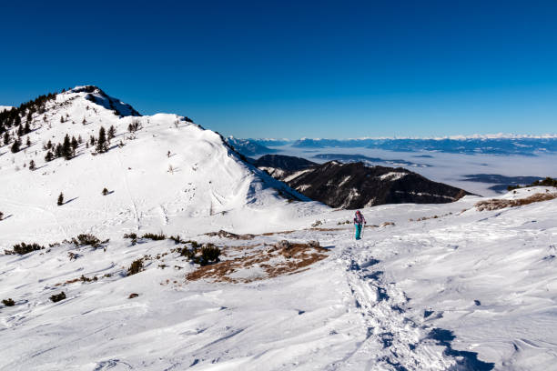 hochobir - femme sur un sentier de randonnée enneigé avec panoramique de hochobir à karawanks en carinthie, alpes autrichiennes. raquette à neige - apres ski winter hiking ski photos et images de collection