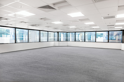 Empty commercial business office space view in urban city downtown, Hong Kong, China
