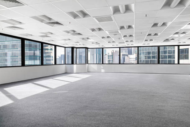 Empty commercial business office interior space view in urban city downtown stock photo