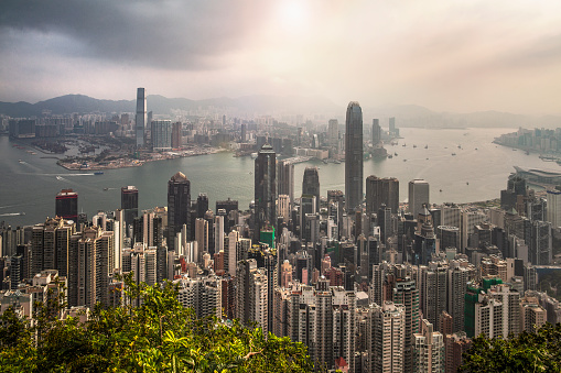 Morning view of Victoria Harbor and Hong Kong cityscape from Victoria Peak